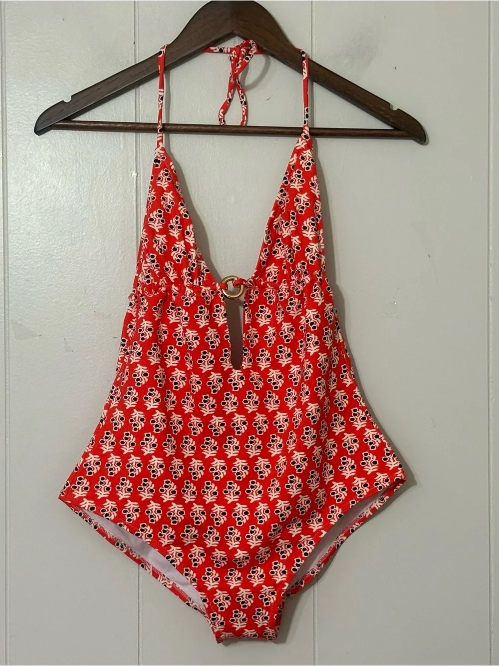 Tory Burch Hamadri Floral Halter One Piece Swimsuit Red Orange Size XL NWOT